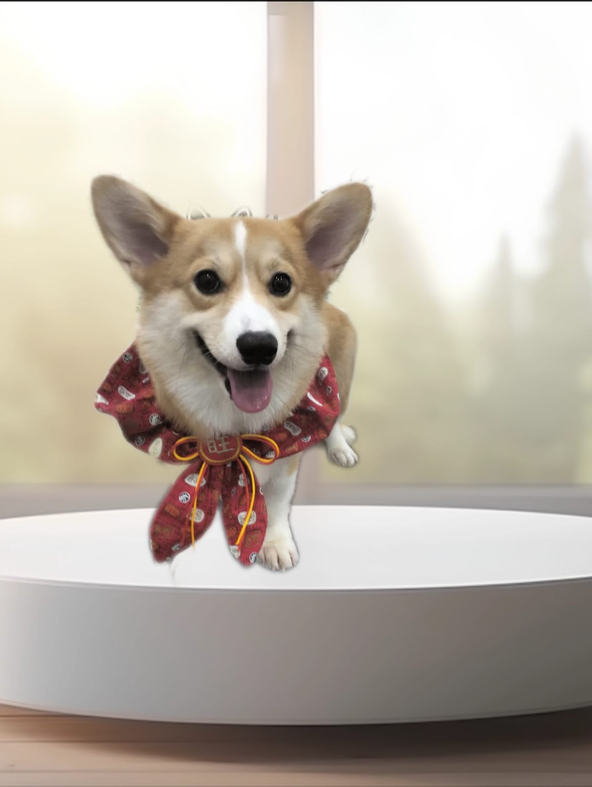 Corgi with a festive bow after grooming, festival promo backdrop