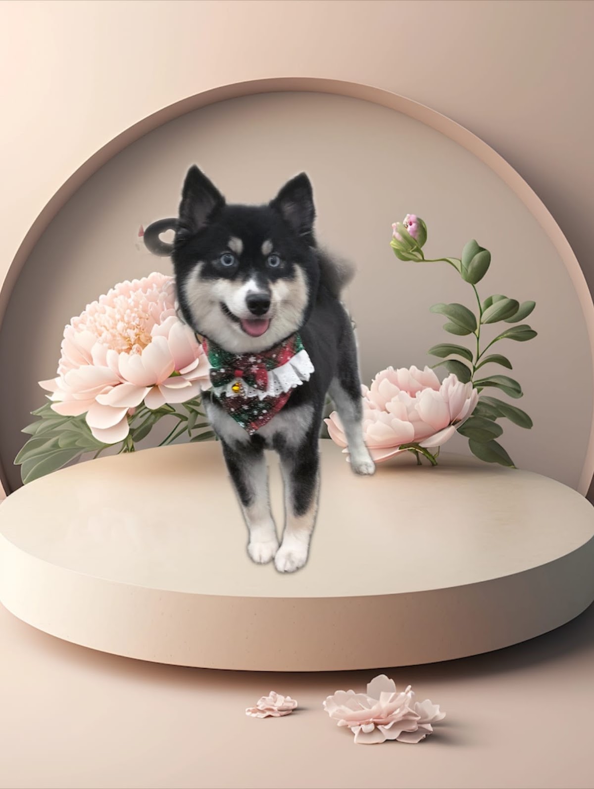 Pomsky with a festive bandana, floral promo backdrop