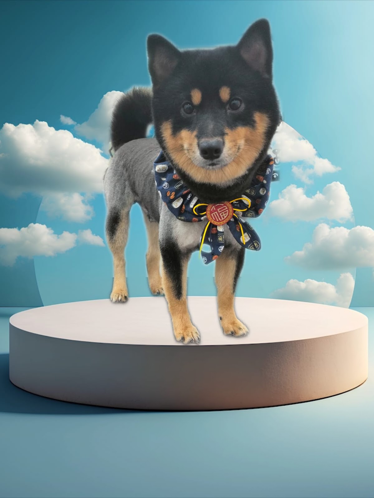 Shiba with a festive bandana, sky promo backdrop